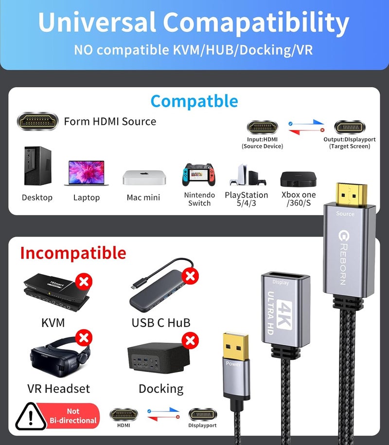 REBORN Active HDMI to DisplayPort Adapter | 4K@60Hz Converter Unidirectional HDMI Source to DP Display HDR Compatible with Laptop,AMD,NVIDIA,PS5,Xbox and More - Image 5